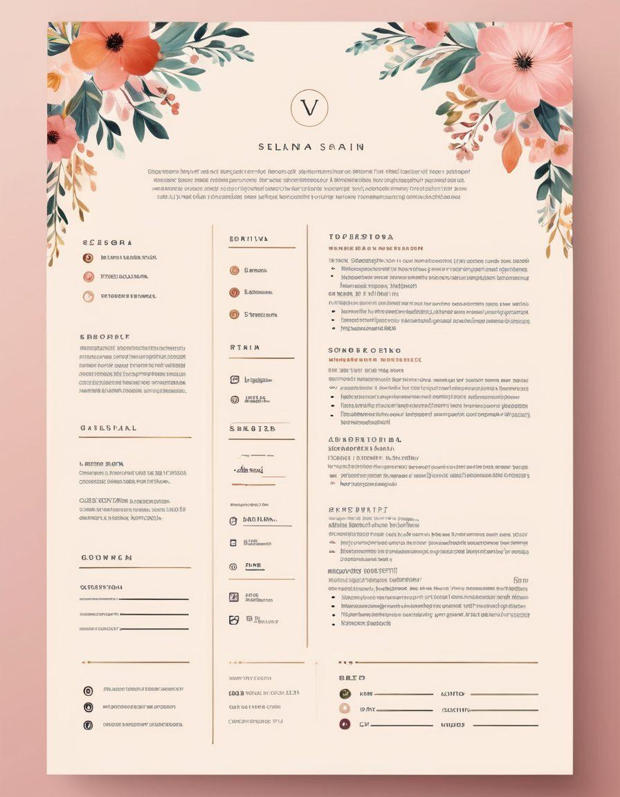 A visually striking resume adorned with elegant embellishments, featuring icons that represent various professional achievements like awards, certifications, and successful projects. The background should be soft and romantic, symbolizing a love story, with delicate floral patterns interwoven throughout the design. Include a light-hearted, inviting color palette that conveys both professionalism and creativity. vector art. vibrant colors. soft background.