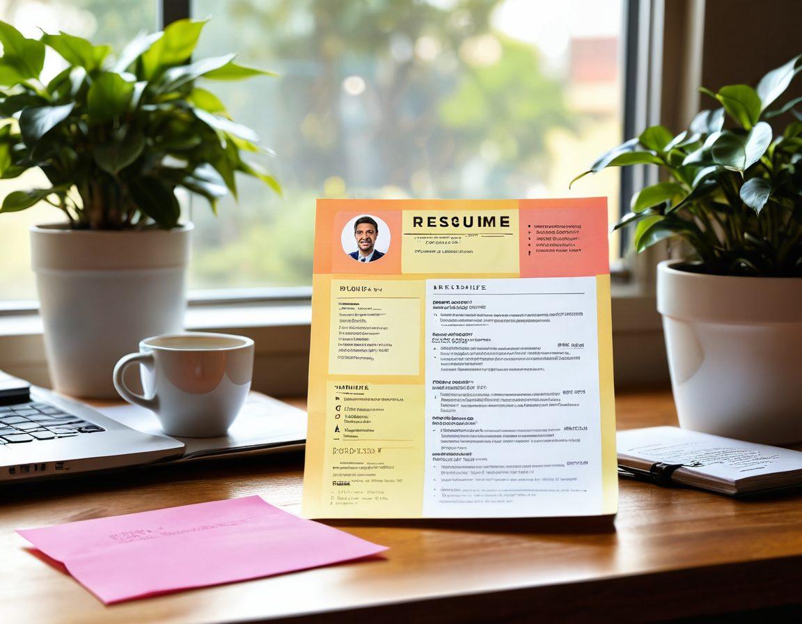 A beautifully designed resume lying on a wooden desk, surrounded by colorful sticky notes and a coffee cup, exuding creativity and professionalism. Soft light filtering in through a nearby window casts a warm glow, enhancing the allure of the resume. In the background, there's a gentle hint of a plant and motivational quotes on the wall. super-realistic. vibrant colors. soft lighting.